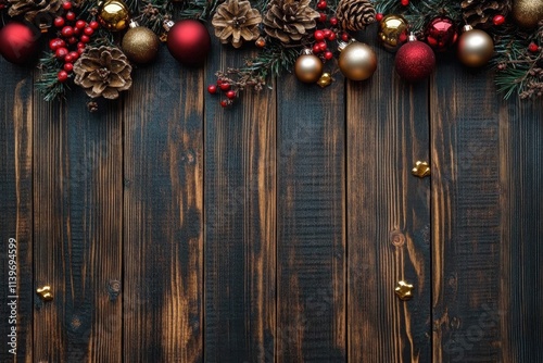 Fondo de tablones de madera rusticos oscuros con decoraciones navideñas de acebo rojo- piñas y bolas doradas con espacio vacio para texto. Concepto fondos navideños photo