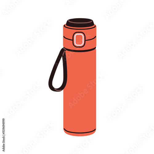 Insulated thermos bottle with lid. Portable hiking vacuum flask for hot beverages, tea. Travel thermo vessel with cap and loop, for warm drinks. Flat vector illustration isolated on white background