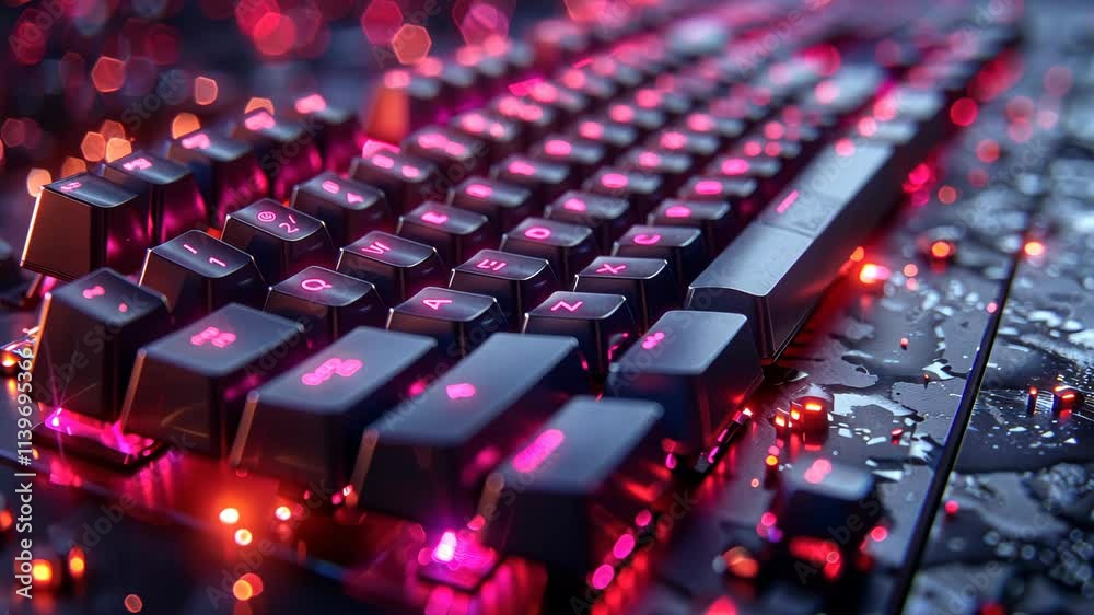 Stunning close-up of a gaming keyboard illuminated by vibrant LED lights and surrounded by water droplets Stunning close-up of a gaming keyboard illuminated by vibrant LED lights and surrounded by water droplets