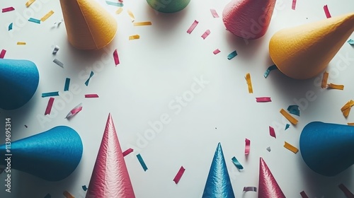 Party hats and streamers arranged around an empty white center for greetings