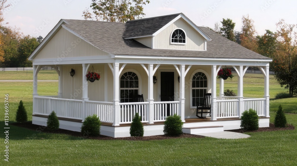 Obraz premium Charming White Cottage with Inviting Front Porch Surrounded by Lush Greenery and Beautiful Landscaping, Perfect for a Peaceful Retreat or Vacation Home Setting