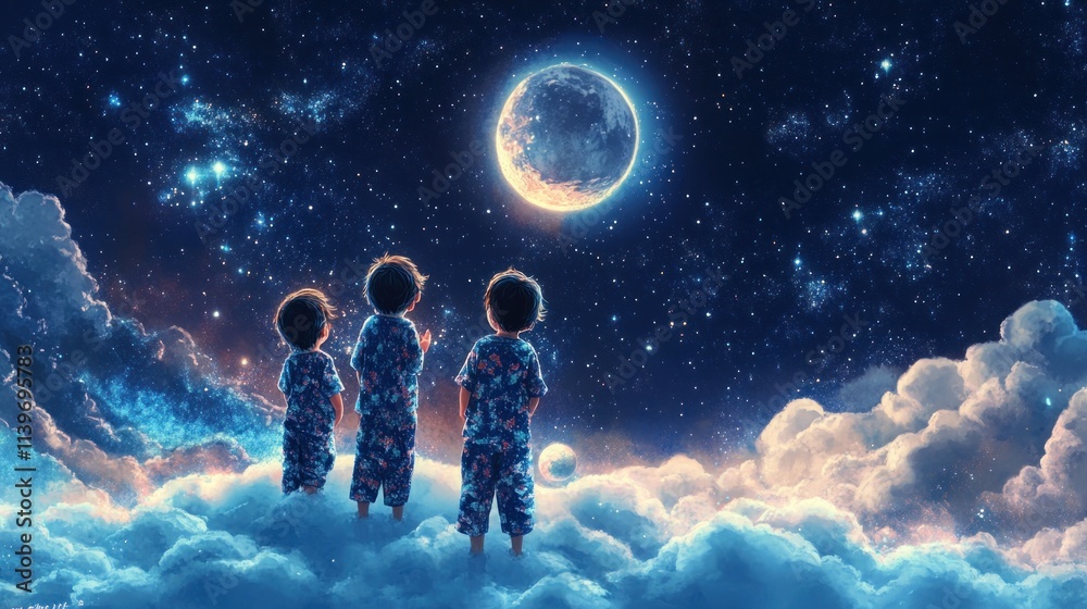 Three boys in pajamas stand on clouds, gazing at a large moon and starry night sky. Three boys in pajamas stand on clouds, gazing at a large moon and starry night sky.