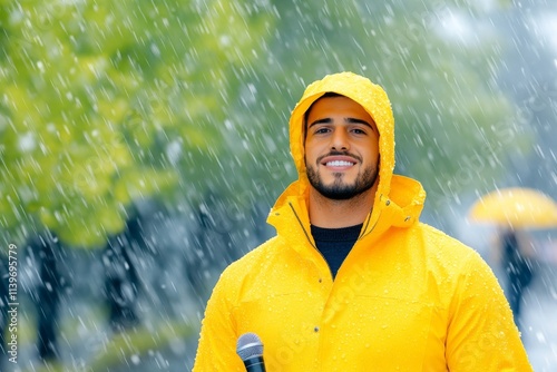 A meteorologist outside in stormy weather, wearing a raincoat and holding a microphone while reporting live. Generative AI