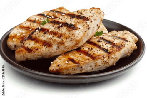 Grilled Chicken Breast Pieces on a Dark Plate with Seasoning Garnished with Herbs for Delicious Healthy Meal Preparation