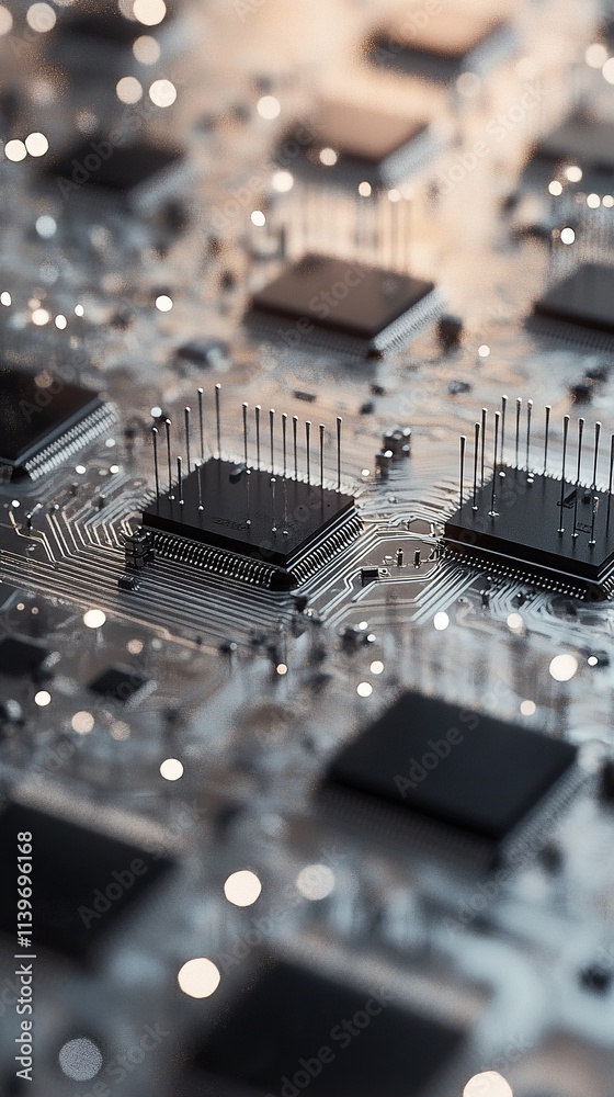 Close-up of circuit board with microchips and connectors. Close-up of circuit board with microchips and connectors.