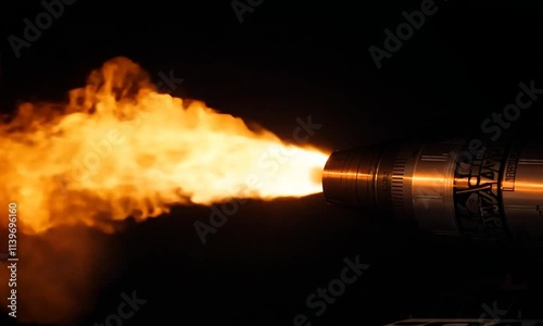 Close-up of a rocket engine firing with a stream of flames against a black background.