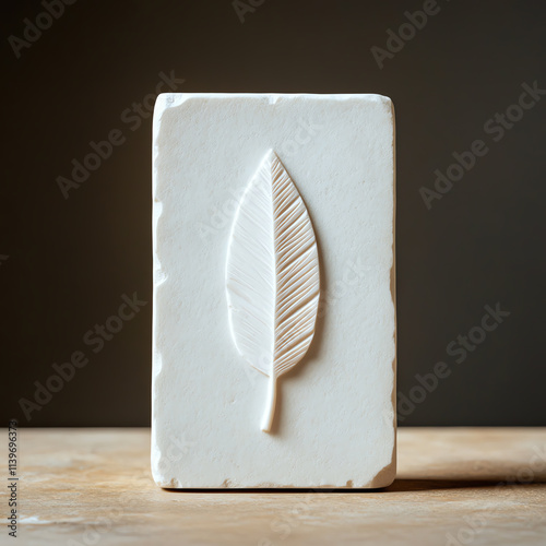 A detailed white clay slab featuring a leaf design, showcasing craftsmanship and elegance. photo