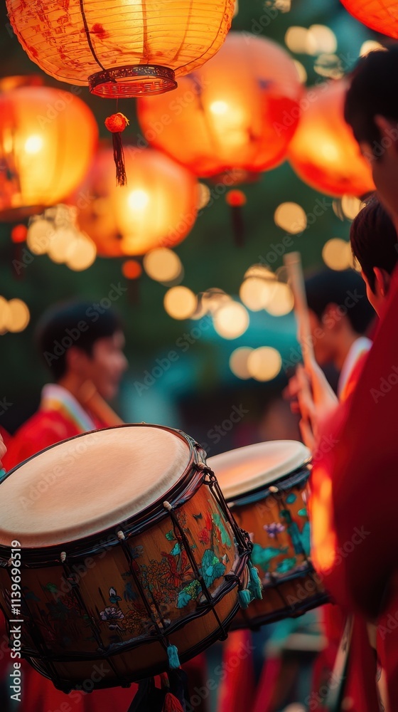 Naklejka premium Vibrant Asian Lantern Festival with Traditional Drummers