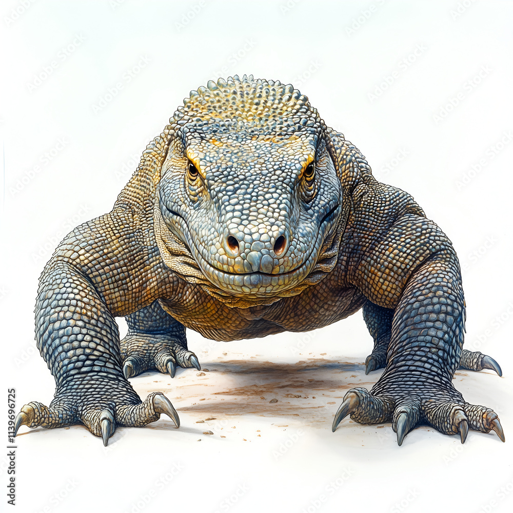 Obraz premium Komodo dragon on the ground, in full front view, against a white background