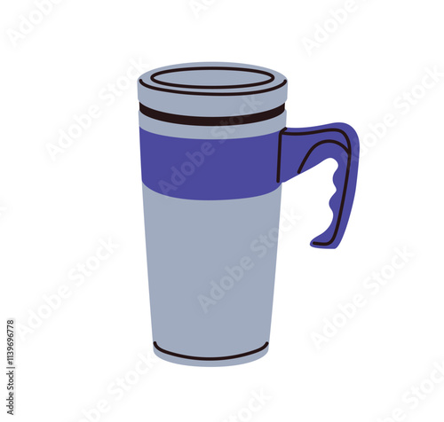 Travel thermo mug with lid and handle. Insulated thermal cup for hot beverages, coffee and tea. Portable tumbler, drinkware for hiking. Flat graphic vector illustration isolated on white background