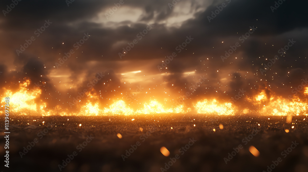 Fototapeta premium A dramatic scene of a fiery landscape under a cloudy sky, conveying intensity and danger.