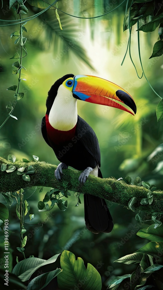Fototapeta premium Vibrant Toucan Perched on Branch in Tropical Rainforest