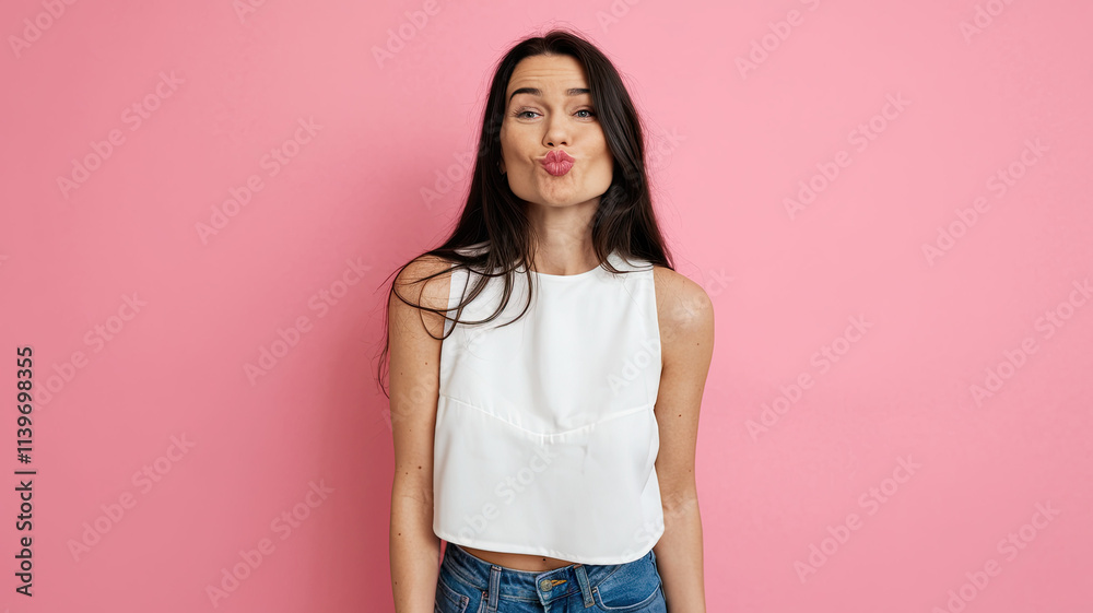 Young Woman with Long Dark Hair, Wearing White Sleeveless Top and Blue Jeans, Puckering Lips Playfully Against Solid Pink Background, Making Her the Primary Focus of the Image Young Woman with Long Dark Hair, Wearing White Sleeveless Top and Blue Jeans, Puckering Lips Playfully Against Solid Pink Background, Making Her the Primary Focus of the Image