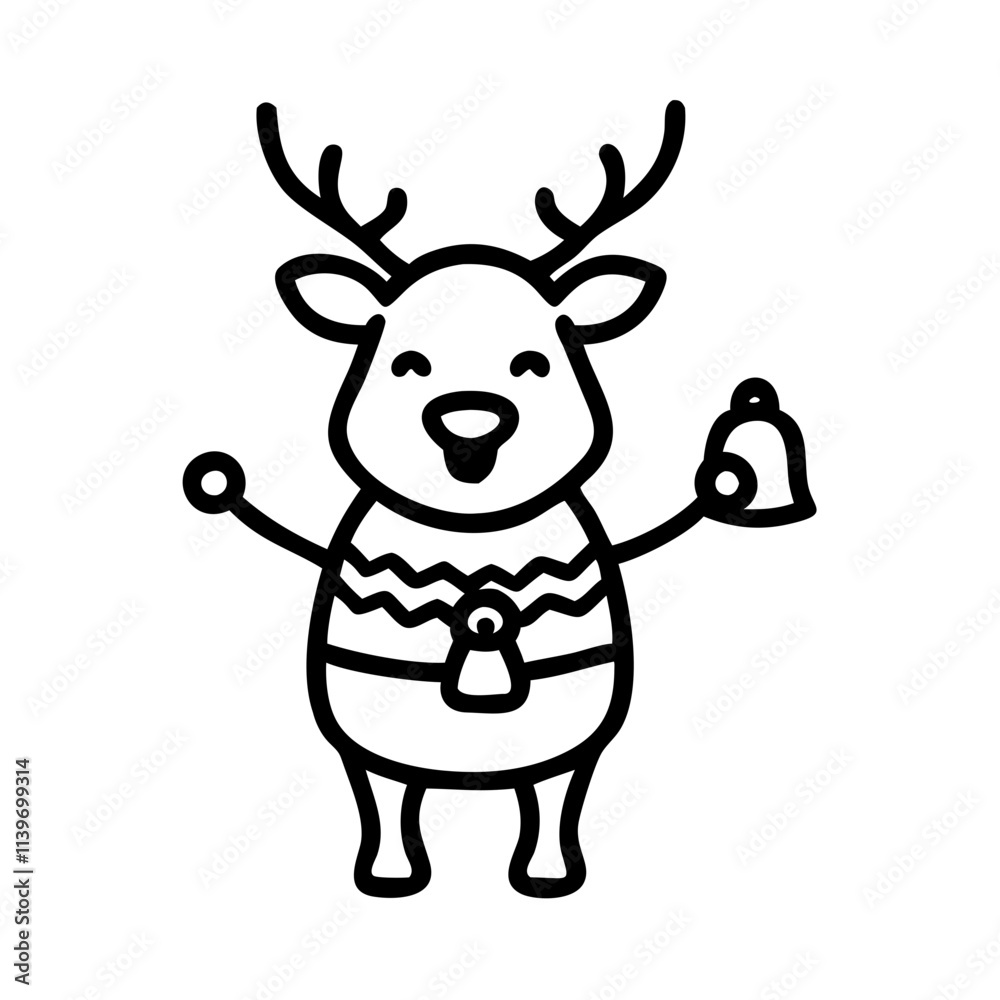A happy reindeer wearing a Christmas sweater and holding a bell. A happy reindeer wearing a Christmas sweater and holding a bell.