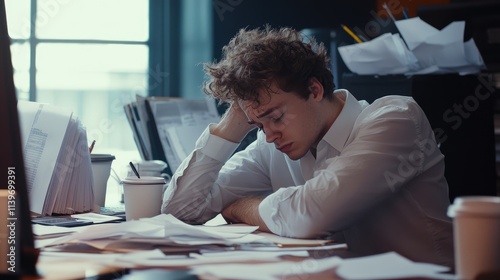 A young professional at their desk, overwhelmed by work, with papers and coffee cups scattered around, visibly stressed photo
