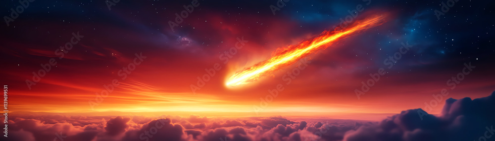 Fototapeta premium A stunning meteor streaks across a vibrant sunset sky, illuminating the atmosphere.