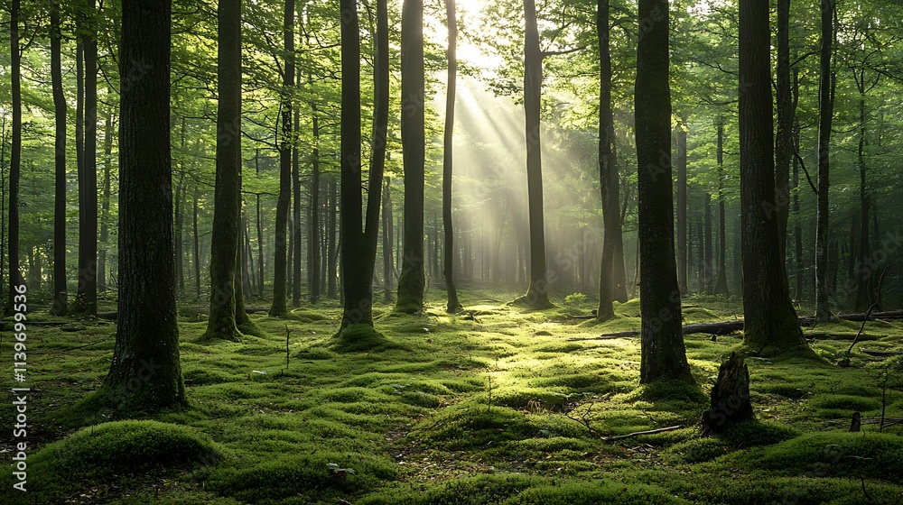 Obraz premium Sunlight filtering through a lush forest. Concept of nature, tranquility, and serenity.