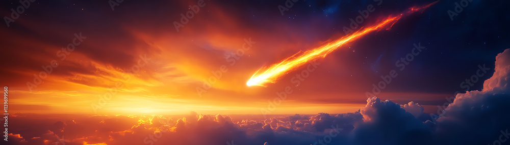 Fototapeta premium A vibrant meteor streaks through a colorful sunset sky, creating a breathtaking view.