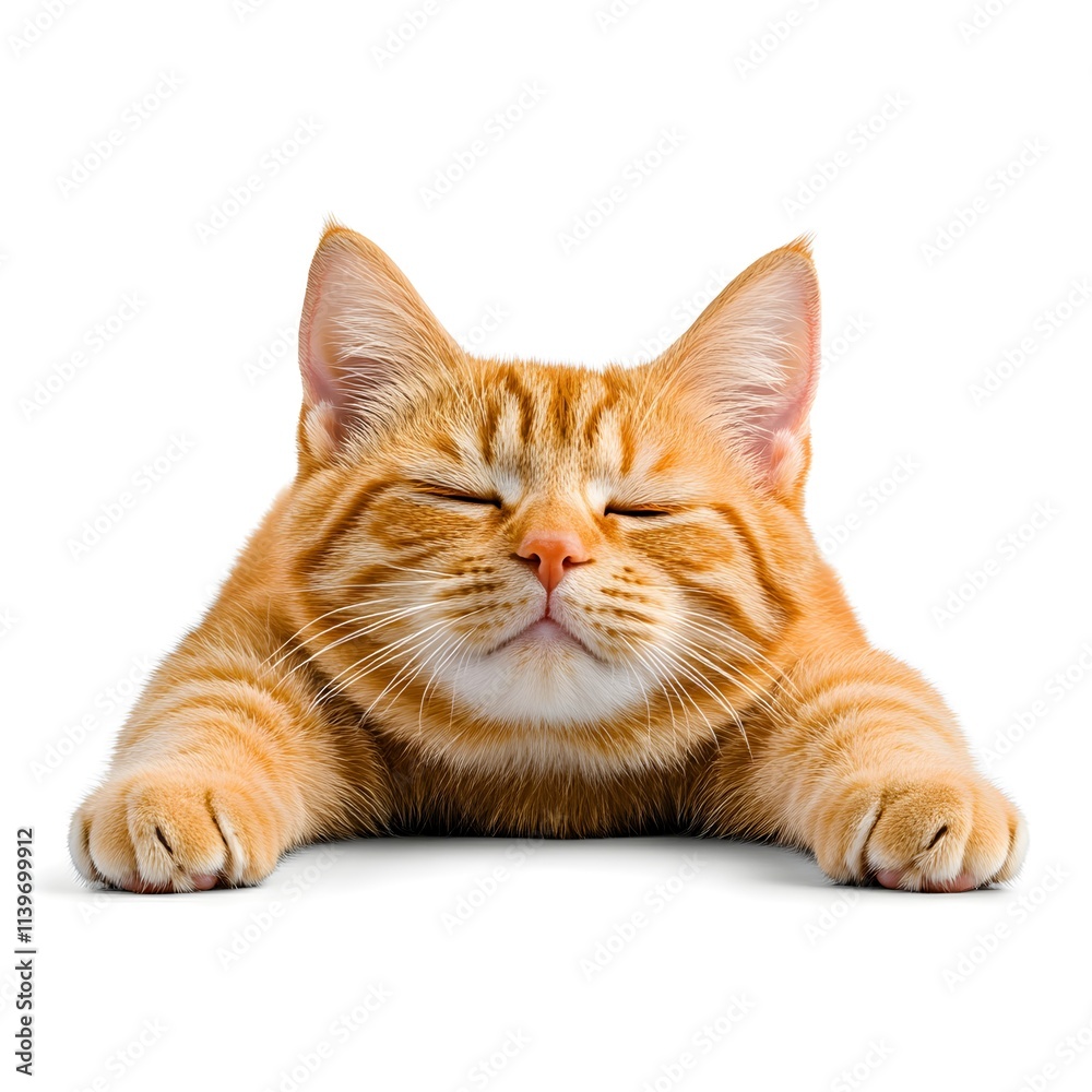 Obraz premium Adorable Orange Tabby Cat Relaxing with Eyes Closed, Peaceful Sleeping Pose, Fluffy Paws Stretched Out, Soft Fur and Whiskers, Cute and Calm Feline on White Background.