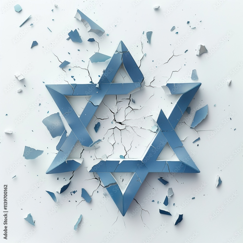 Blue star of David fracturing against a cracked white surface symbolizes resilience and cultural heritage