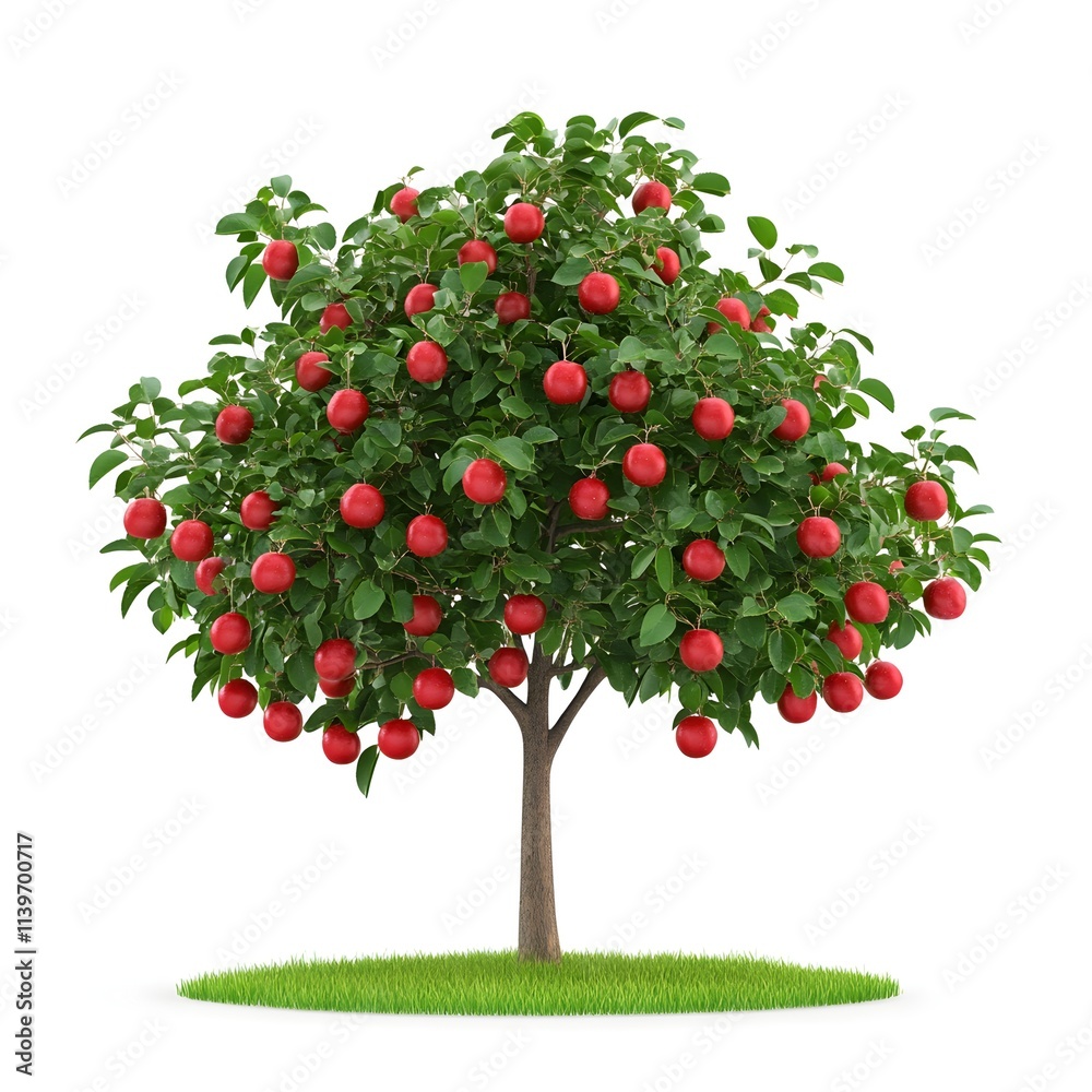 Vibrant Apple Tree with Lush Green Leaves and Bright Red Apples, Full-Bloom Fruit Tree on a Grassy Patch, Nature-Inspired Illustration for Gardens, Farming, and Organic Concepts Vibrant Apple Tree with Lush Green Leaves and Bright Red Apples, Full-Bloom Fruit Tree on a Grassy Patch, Nature-Inspired Illustration for Gardens, Farming, and Organic Concepts