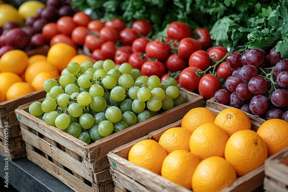 A crate of oranges sits next to a crate of grapes