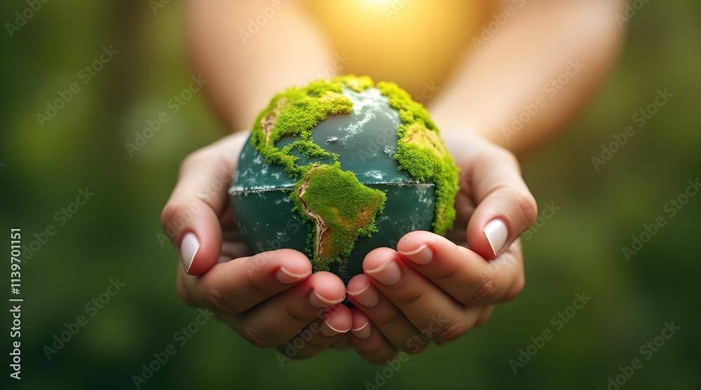 Female hands hold a small globe - the Earth is covered with lush green foliage, symbolizing environmental awareness and sustainable development. Female hands hold a small globe - the Earth is covered with lush green foliage, symbolizing environmental awareness and sustainable development.
