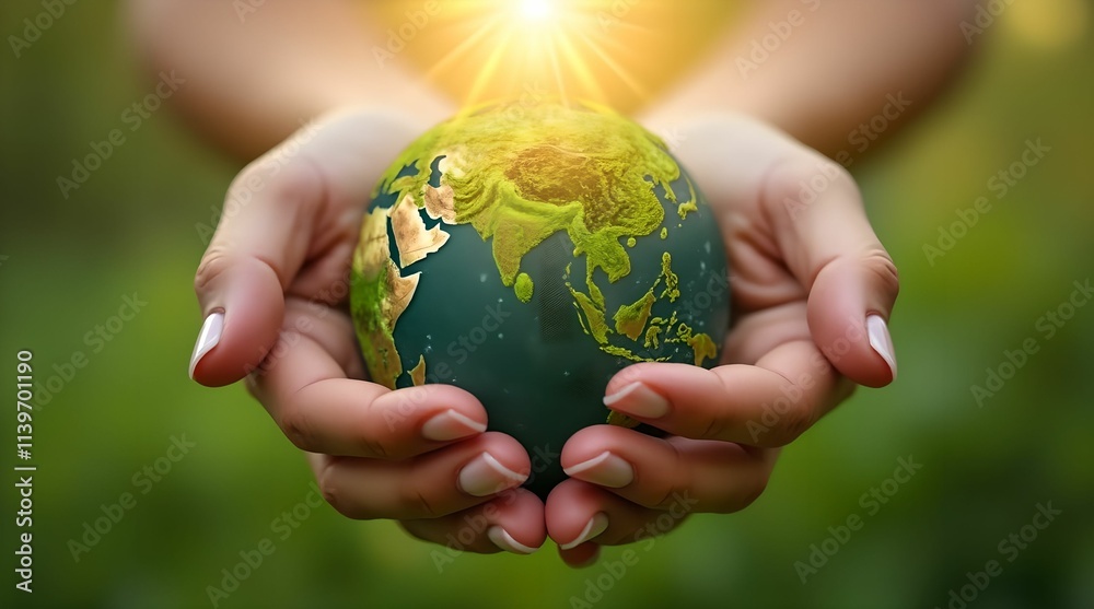 Female hands hold a small globe - the Earth is covered with lush green foliage, symbolizing environmental awareness and sustainable development. Female hands hold a small globe - the Earth is covered with lush green foliage, symbolizing environmental awareness and sustainable development.