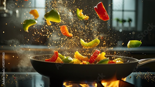 Colorful bell peppers tossed in a hot pan.