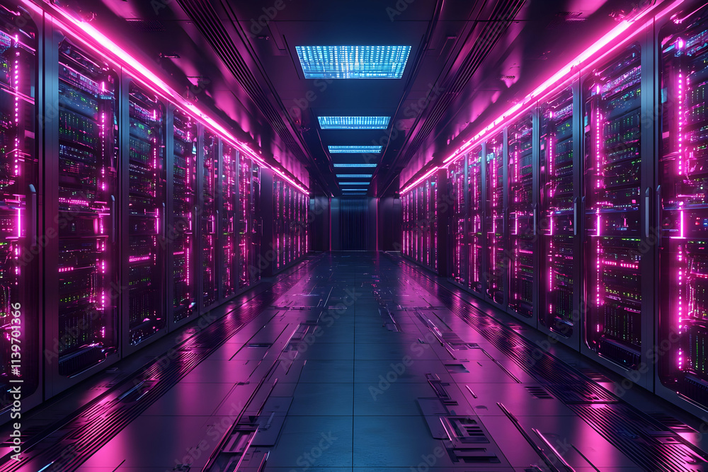 Exploring Neon-Lit Server Racks in a Futuristic Data Center Exploring Neon-Lit Server Racks in a Futuristic Data Center