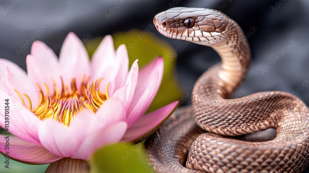 The Year of the Snake in the Chinese Zodiac Concept, Artistic Rendering of a Snake Coiled Around a Lotus Flower in a Serene and Natural Setting The Year of the Snake in the Chinese Zodiac Concept, Artistic Rendering of a Snake Coiled Around a Lotus Flower in a Serene and Natural Setting