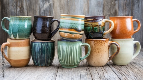 A Colorful Display of Handmade Ceramic Coffee Mugs Stacked on a Rustic Wooden Table Against a Weathered Background photo