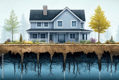 An infographic-style image showing the dangers of radon gas, with an illustration of it seeping through the ground into a home. Generative AI photo