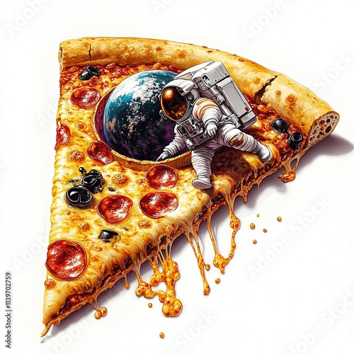 Astronaut with planet on cheesy pizza slice, Surreal artwork of an astronaut pushing a planet atop a dripping, cheesy pizza slice with olives and pepperoni, blending food and space themes.



 photo