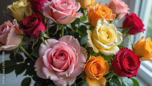 Colorful Bouquet of Roses in Soft, Warm Lighting, Natural Beauty