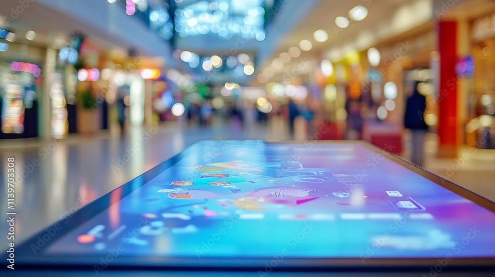 Vibrant Interactive Kiosk Showcasing Technology in Busy Mall Setting Vibrant Interactive Kiosk Showcasing Technology in Busy Mall Setting