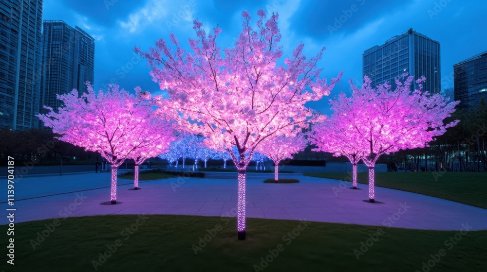 cherry blossom trees illuminated with soft pink and purple lights at night cherry blossom trees illuminated with soft pink and purple lights at night