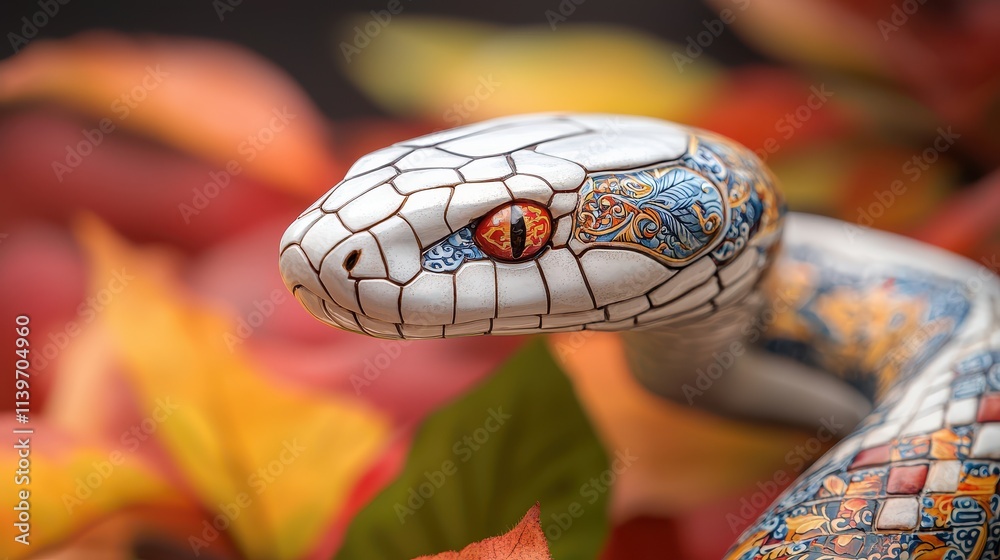 The Year of the Snake in the Chinese Zodiac Concept, Elegant Snake Sculpture Adorned with Traditional Chinese Designs Surrounded by Colorful Autumn Leaves The Year of the Snake in the Chinese Zodiac Concept, Elegant Snake Sculpture Adorned with Traditional Chinese Designs Surrounded by Colorful Autumn Leaves