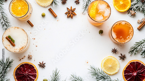 flatlay of winter cocktails with citrus fruit and cinnamon on a white background
