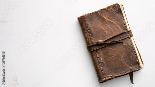 vintage brown leather bound journal on white background