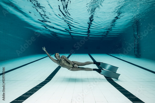 freediver practising in a pool in Bangkok photo