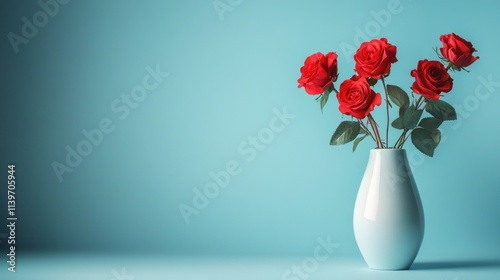 Red roses in a light blue vase against a teal background.