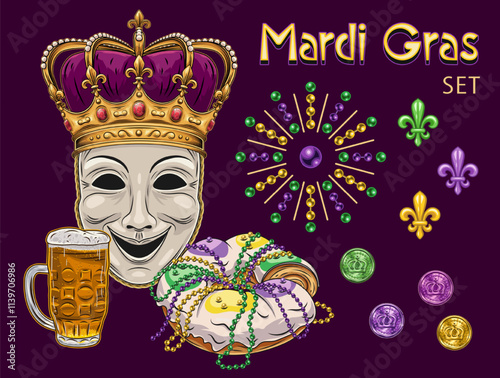 Set, pack of design elements for Mardi Gras holiday with comedy mask in crown, king cake, beer glass, coins, holiday trinket, bling, text. Clip art in vintage style.