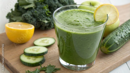 Glass of Fresh Green Kale Juice Isolated on White Background
