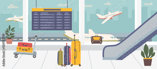  Airport interior banner. Suitcases, luggage cart, escalator, arrival board and view of airplanes from the airport window. Family travel, vacation and business trip concepts.