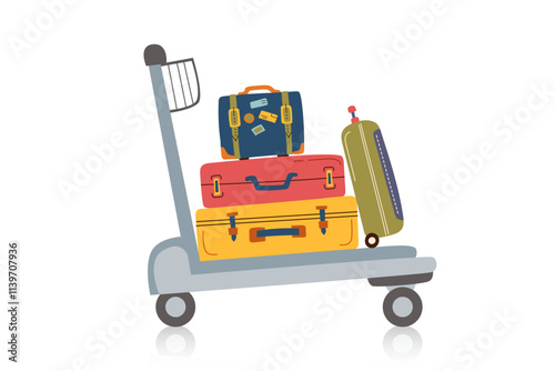 Travel suitcases on luggage cart isolated on white. Concept of family travel, vacation, business trip. Vector hand drawn clipart in flat style.