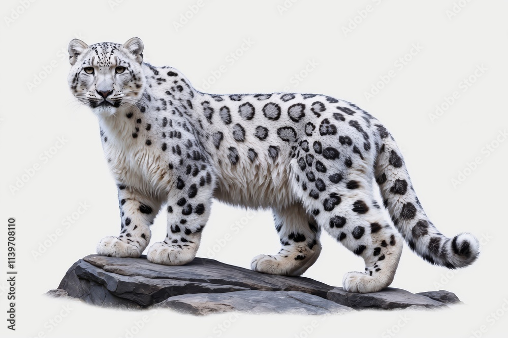 Majestic snow leopard standing on a rock, isolated on white background. Majestic snow leopard standing on a rock, isolated on white background.