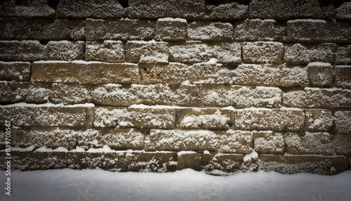 冬・雪の積もった古いビンテージの煉瓦の積み重なった壁　季節の背景壁紙　雪に覆われた街の風景　新年・クリスマス・正月・年末・の背景素材 photo