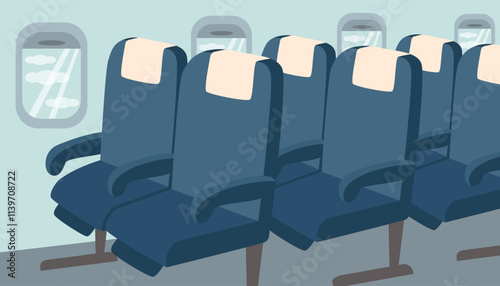 Airplane inside banner. Plane chairs and portholes. Travel, vacation, business trip concept. Vector flat template. 