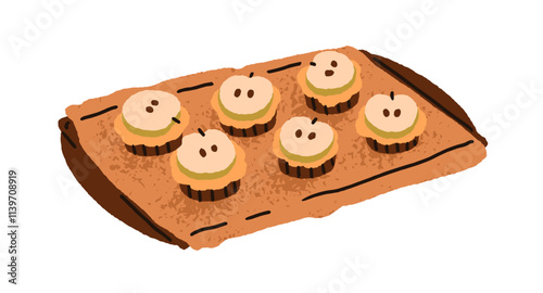 Bakery, homemade desserts on baking tray. Home cooking, apple slices on cupca...